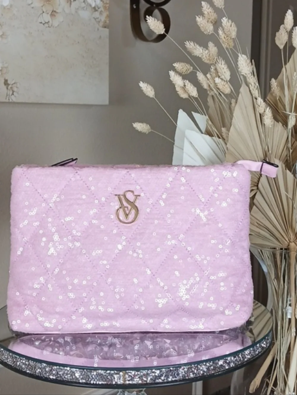 Victoria's Secret Pink Quilted Sequin Pouch Clutch Travel Glam Makeup Bag
